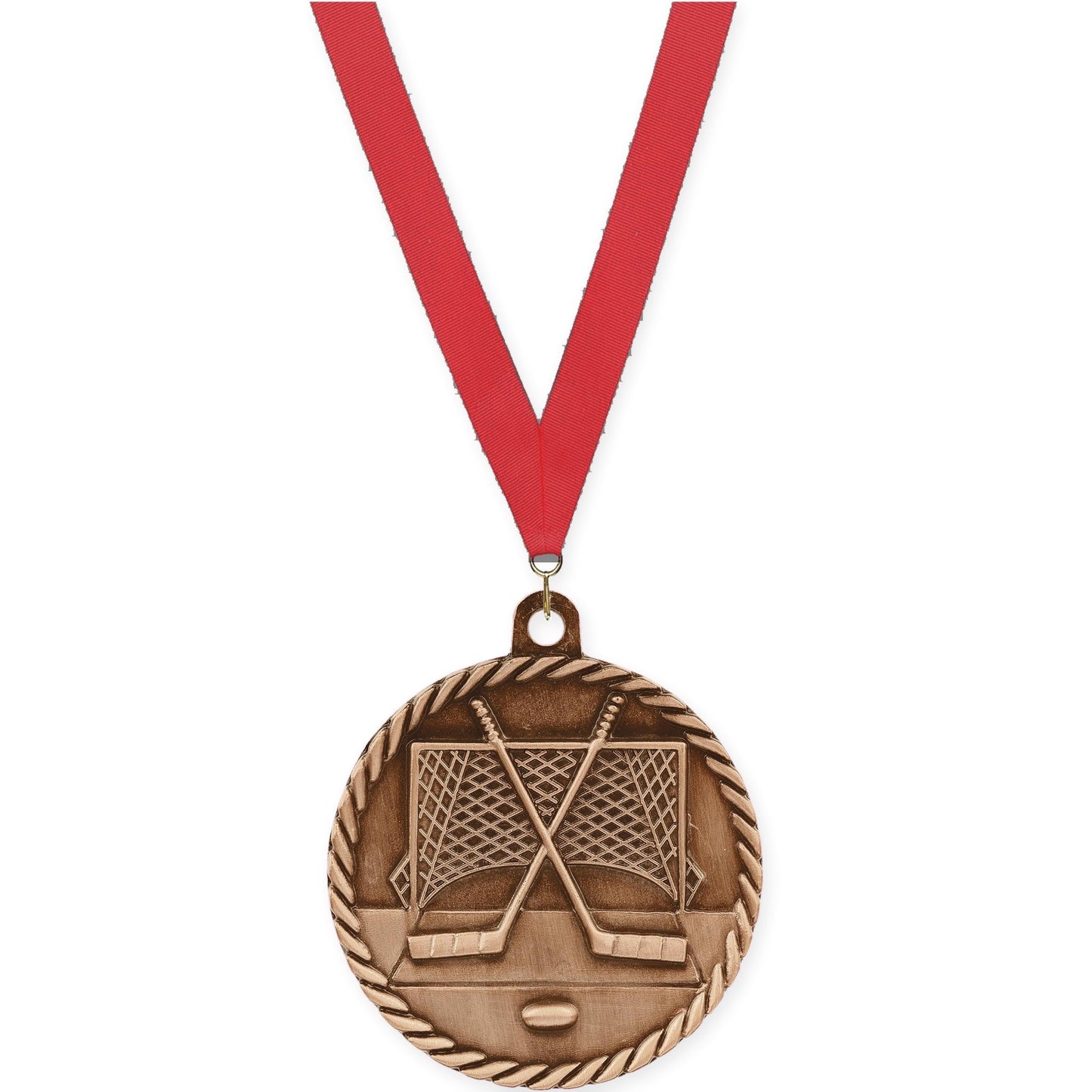 2 inch hockey High Relief medal in antique bronze with Red neck ribbon