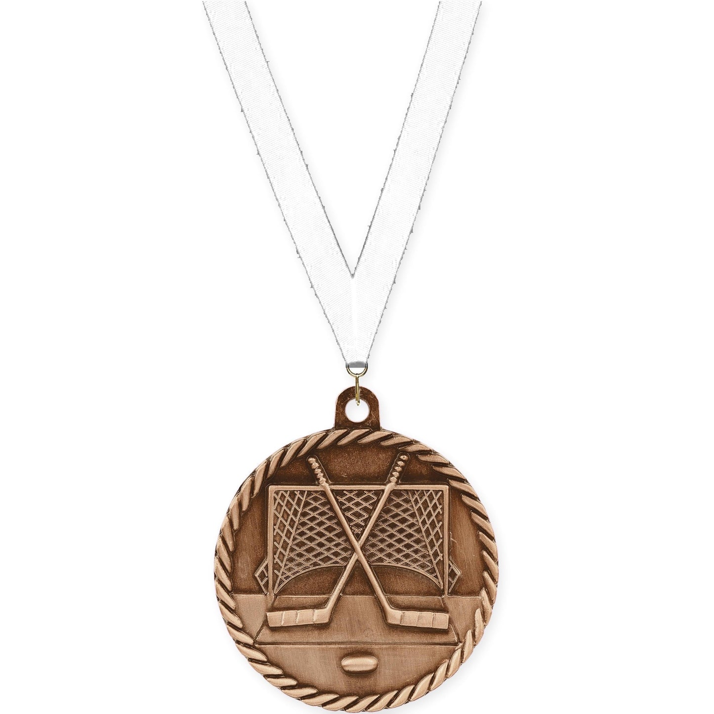 2 inch hockey High Relief medal in antique bronze with White neck ribbon