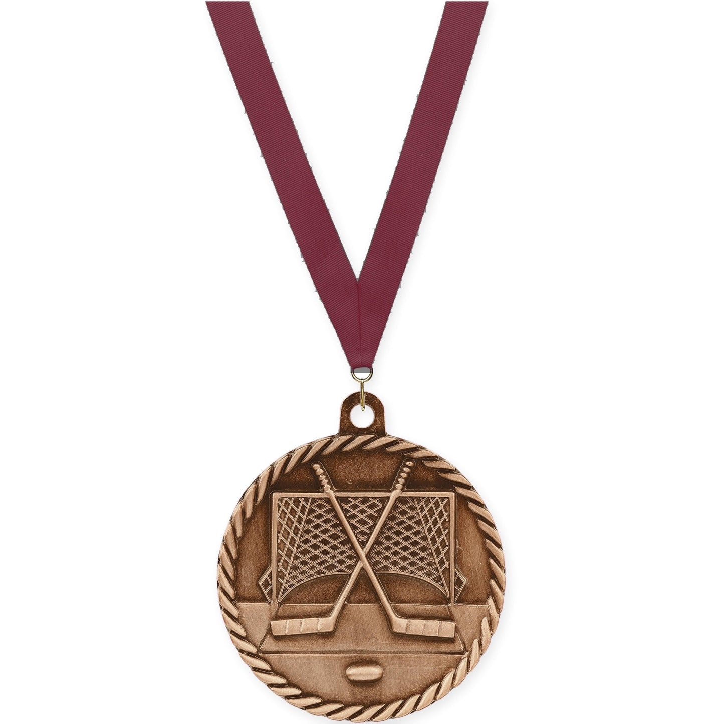 2 inch hockey High Relief medal in antique bronze with Maroon neck ribbon