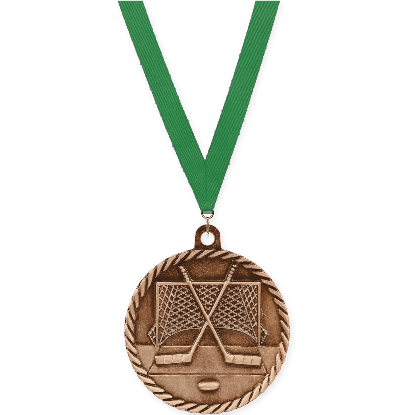2 inch hockey High Relief medal in antique bronze with Green neck ribbon