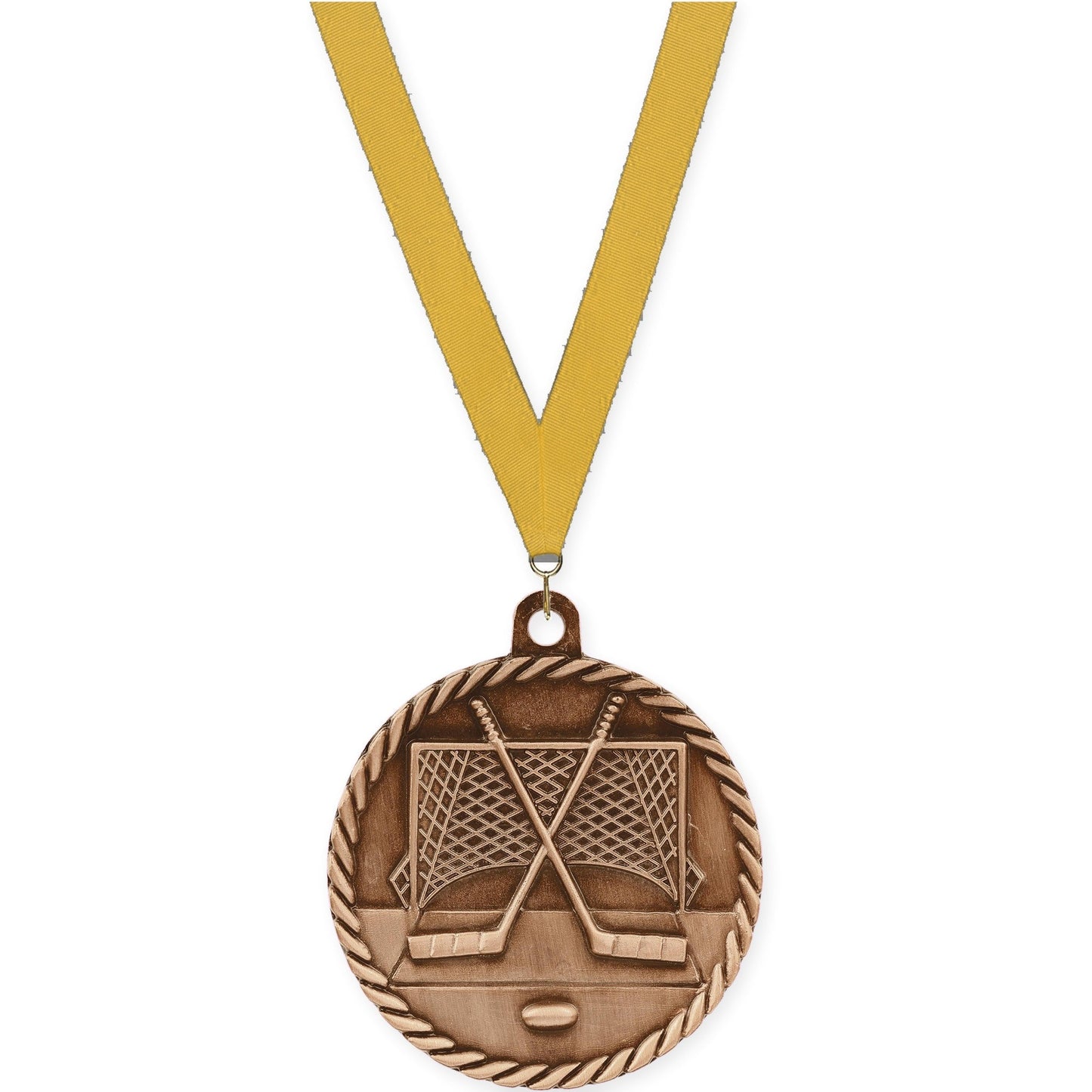 2 inch hockey High Relief medal in antique bronze with Gold neck ribbon