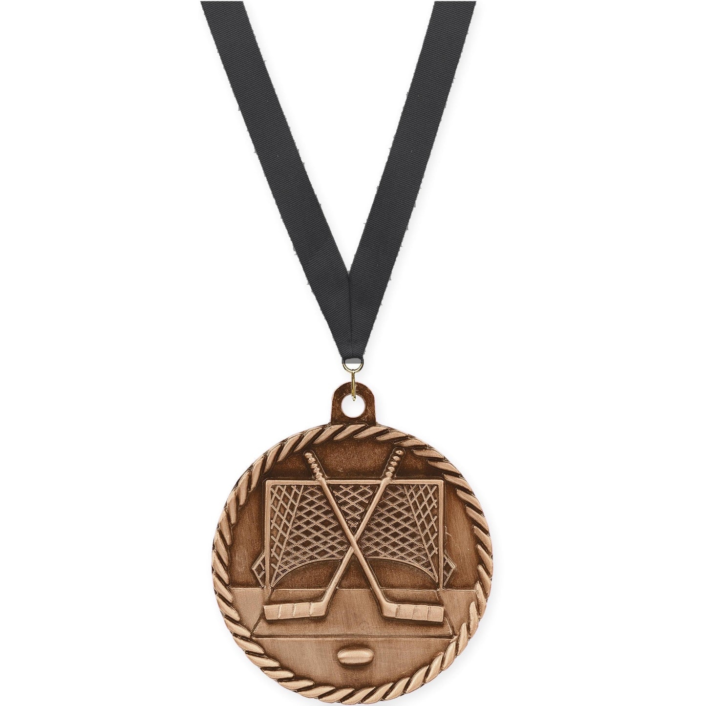2 inch hockey High Relief medal in antique bronze with Black neck ribbon