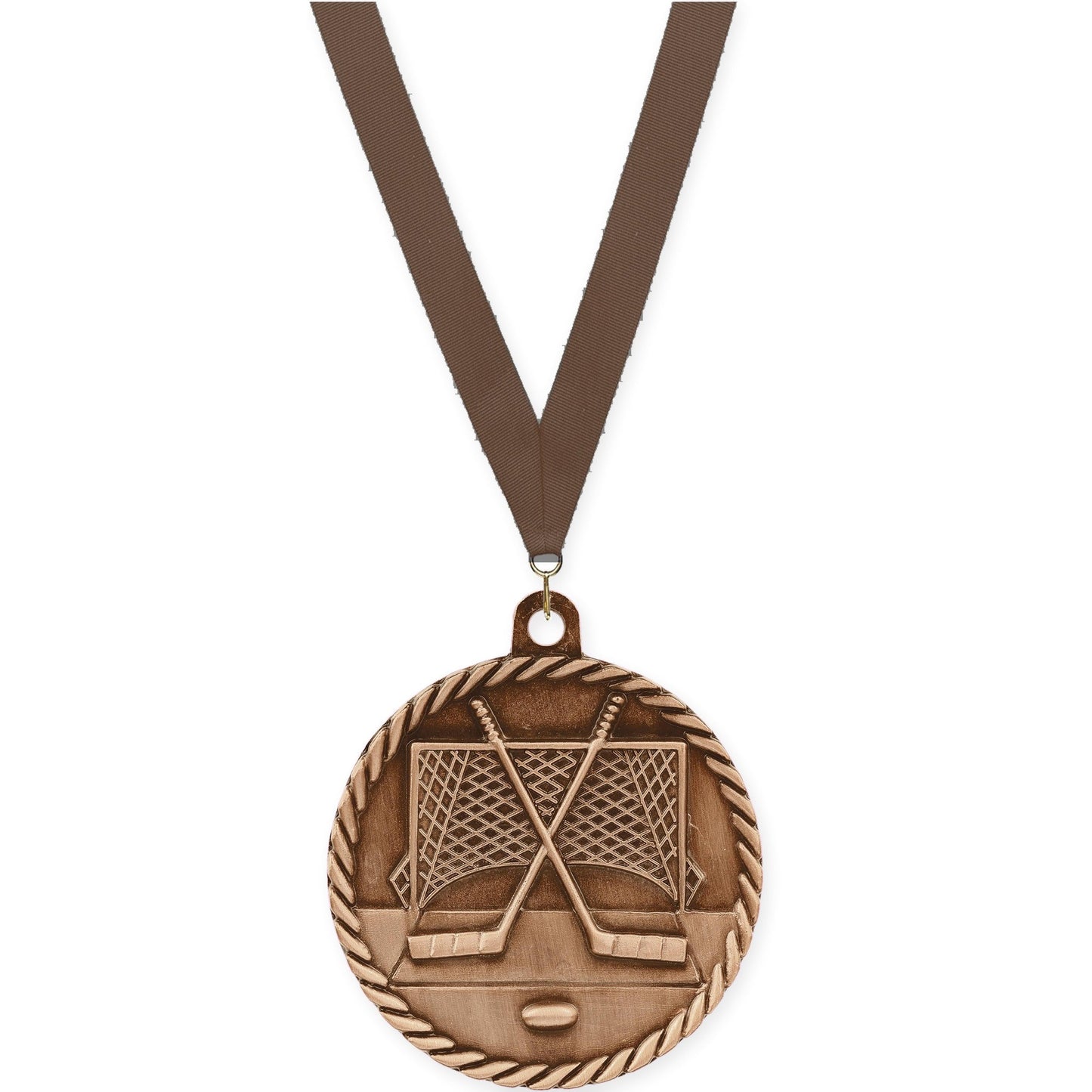 2 inch hockey High Relief medal in antique bronze with Brown neck ribbon