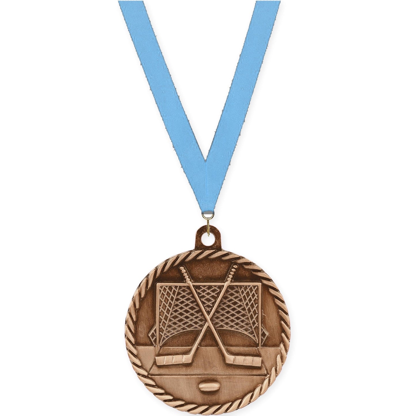 2 inch hockey High Relief medal in antique bronze with Light Blue neck ribbon