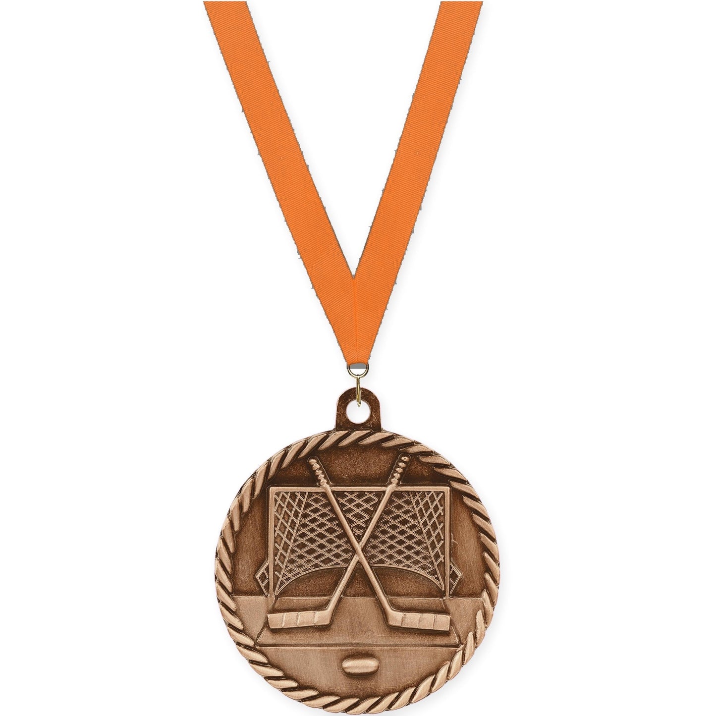 2 inch hockey High Relief medal in antique bronze with Orange neck ribbon