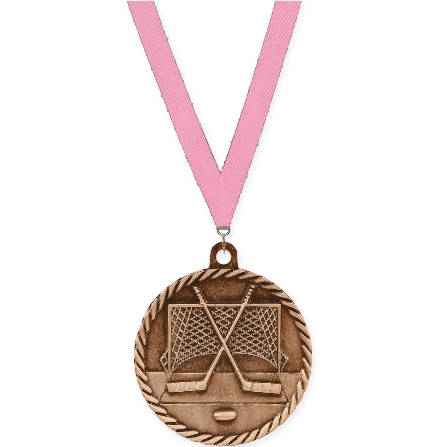 2 inch hockey High Relief medal in antique bronze with Pink neck ribbon