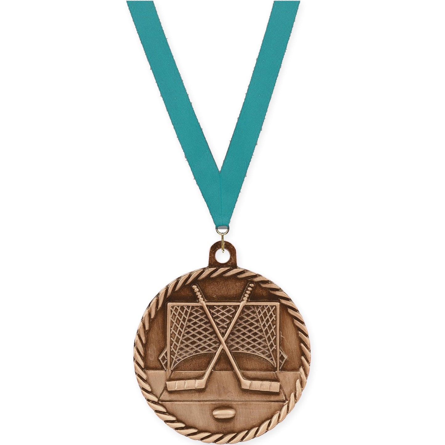 2 inch hockey High Relief medal in antique bronze with Teal neck ribbon