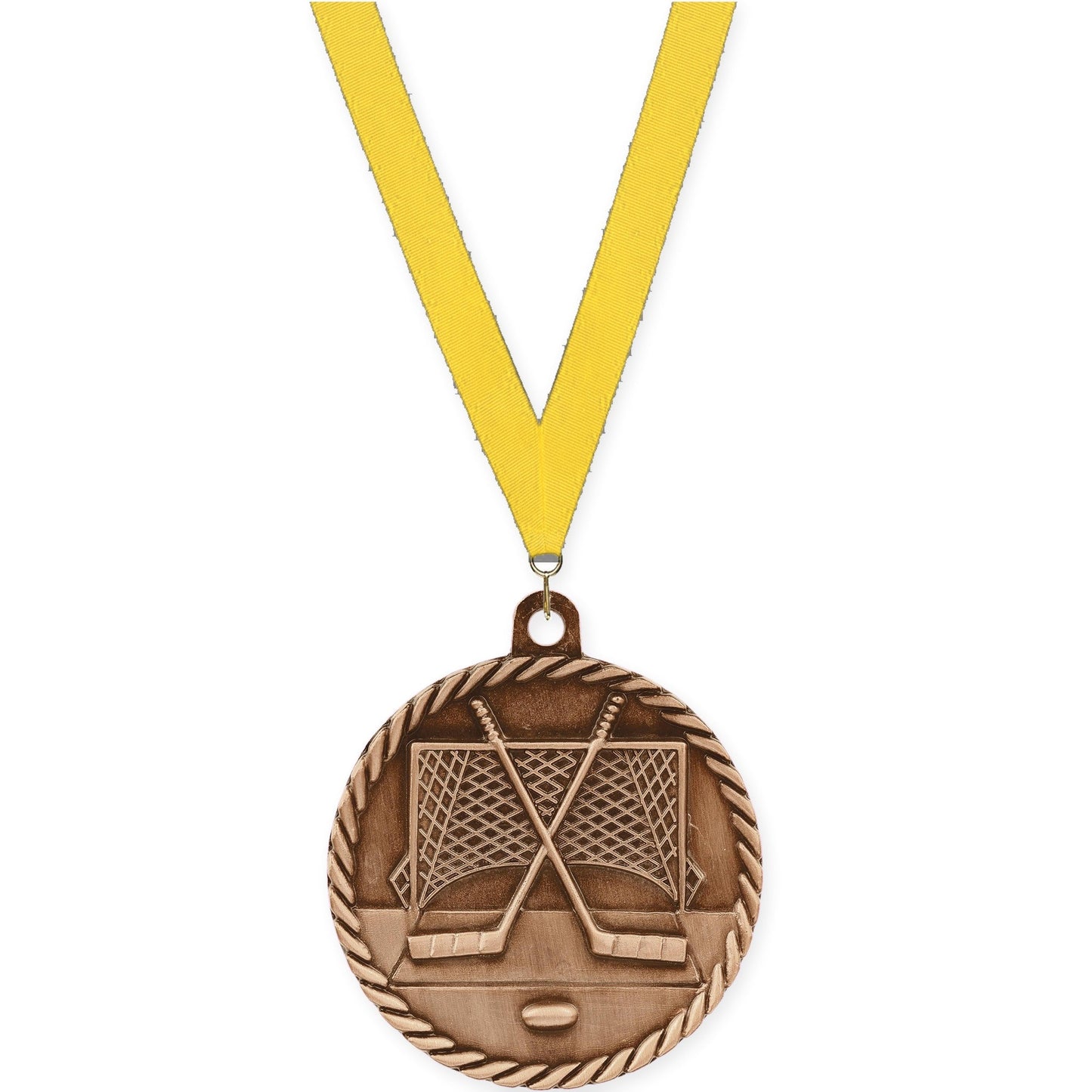 2 inch hockey High Relief medal in antique bronze with Yellow neck ribbon