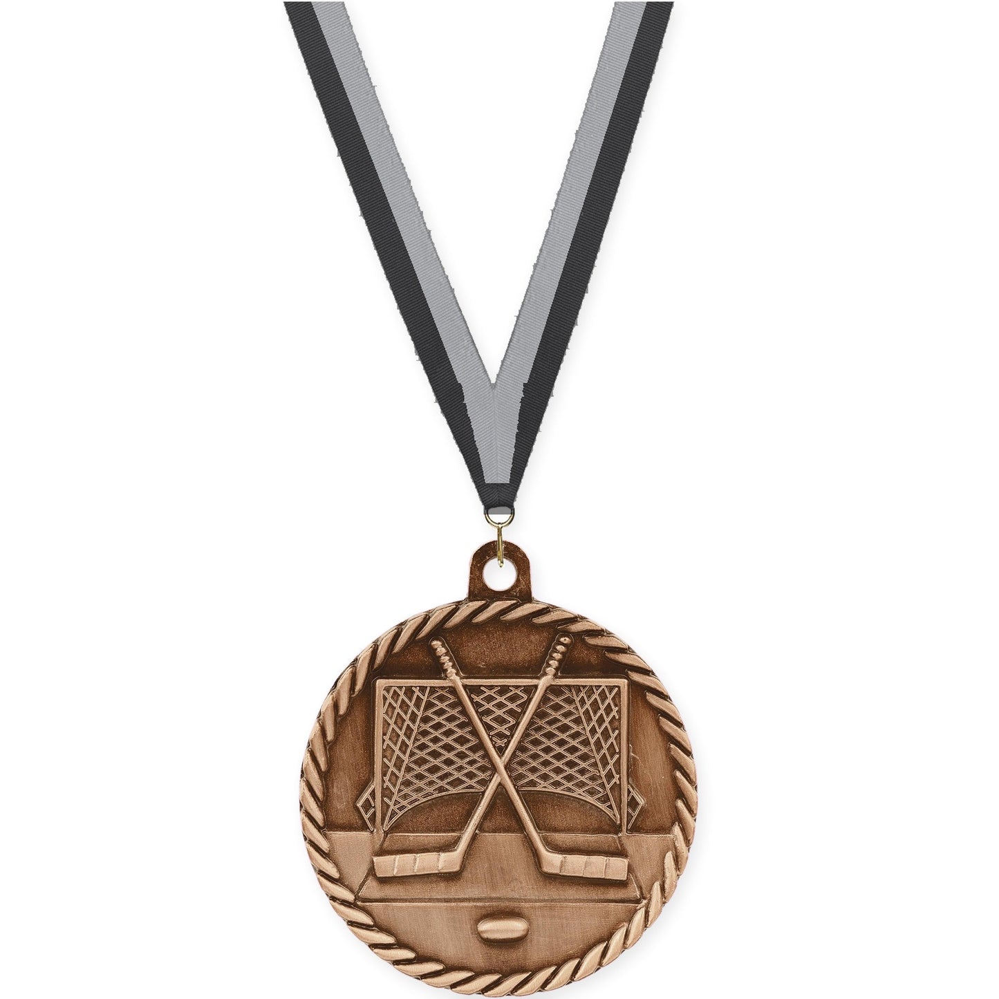 2 inch hockey High Relief medal in antique bronze with Black Gray neck ribbon