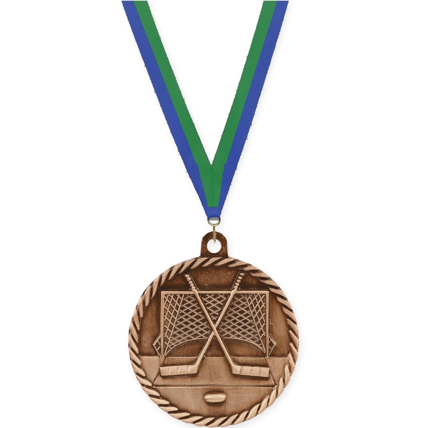 2 inch hockey High Relief medal in antique bronze with Blue Green neck ribbon