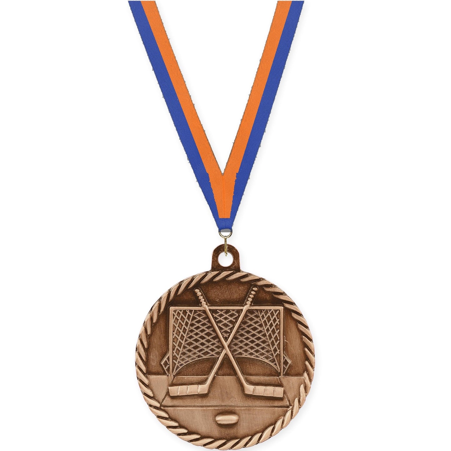 2 inch hockey High Relief medal in antique bronze with Blue Orange neck ribbon