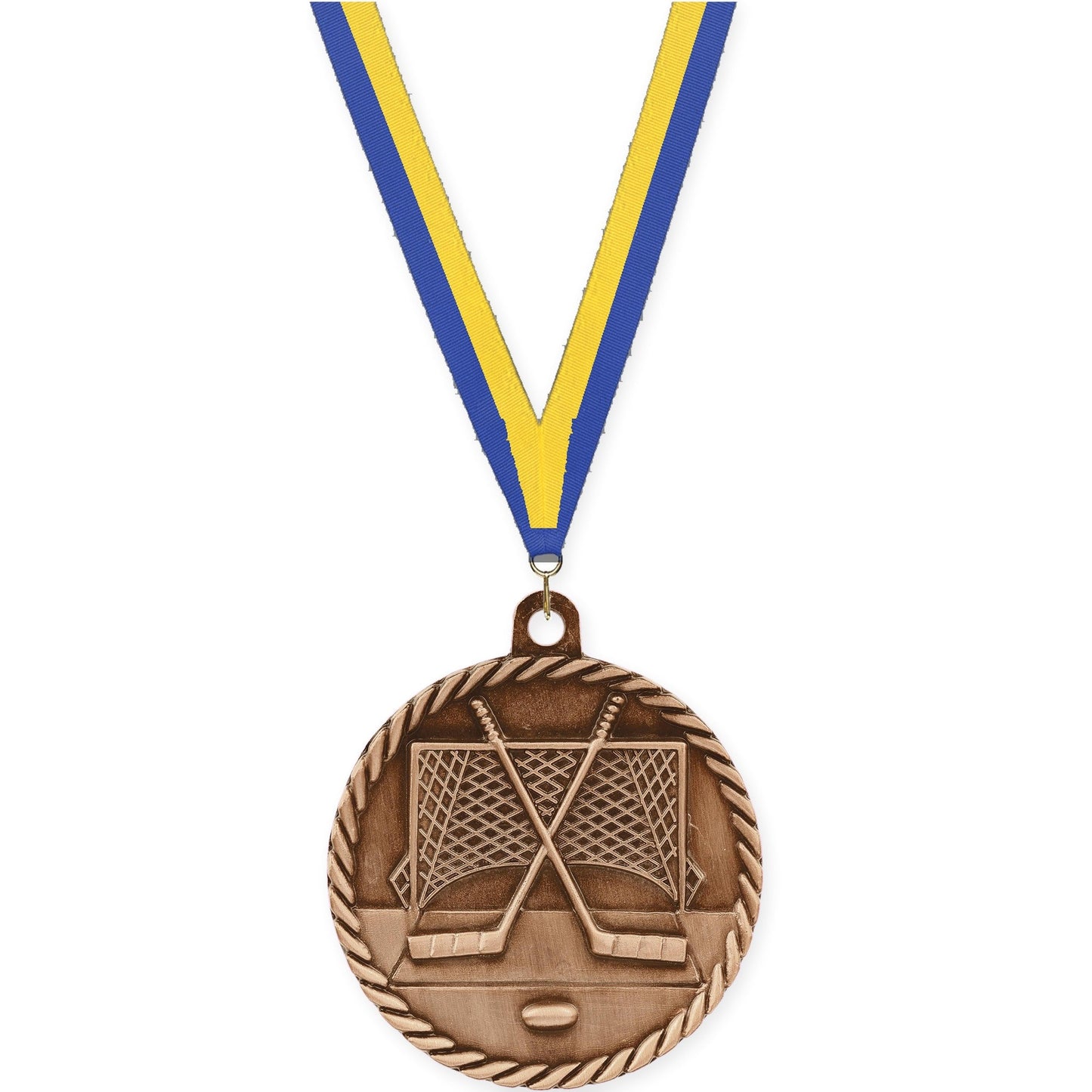 2 inch hockey High Relief medal in antique bronze with Blue Yellow neck ribbon