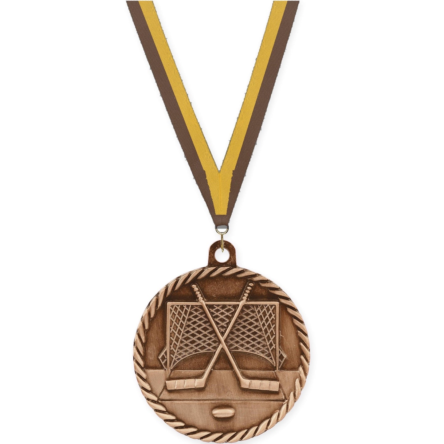 2 inch hockey High Relief medal in antique bronze with Brown Gold neck ribbon