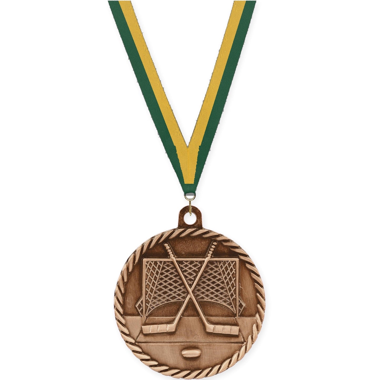 2 inch hockey High Relief medal in antique bronze with Hunter Green Gold neck ribbon