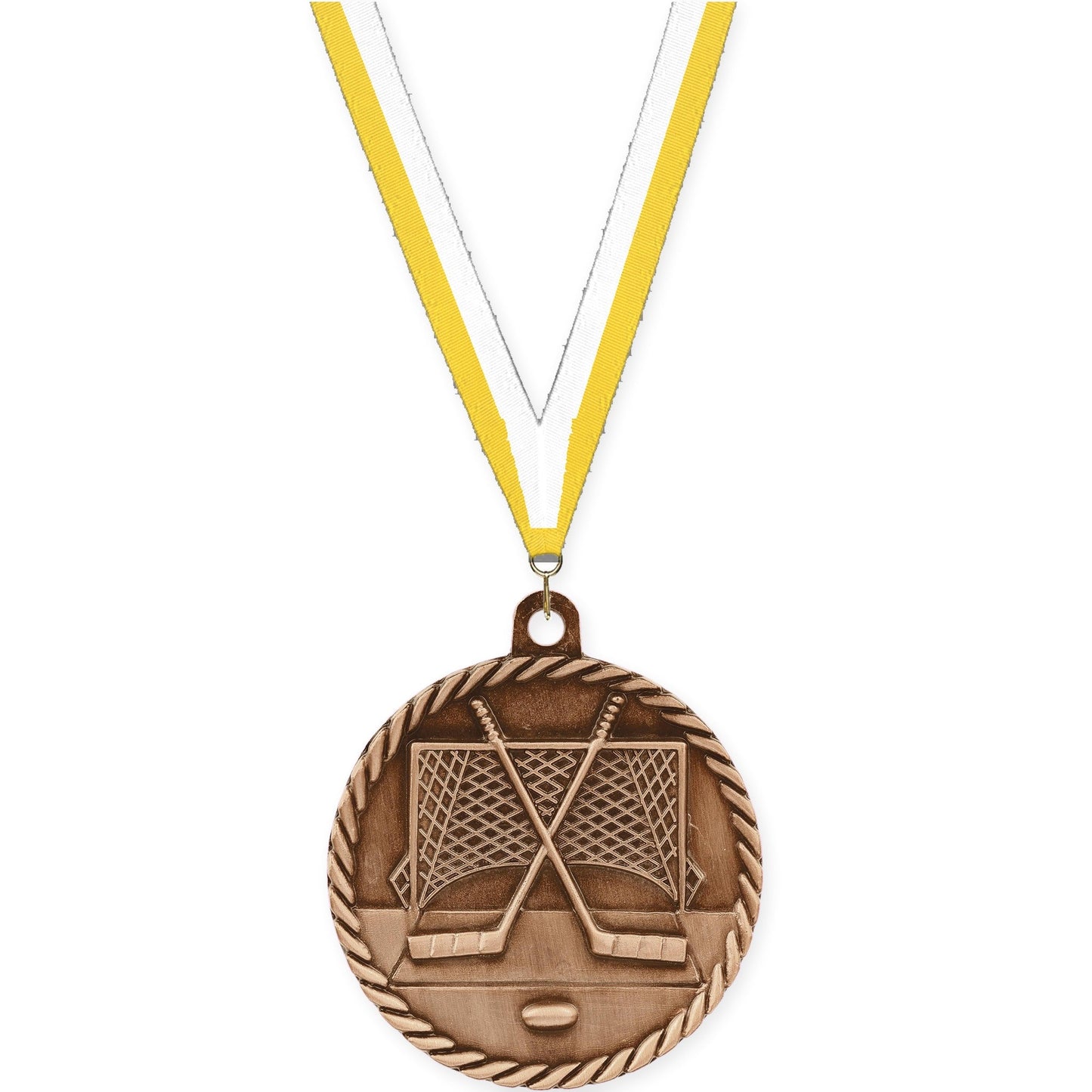 2 inch hockey High Relief medal in antique bronze with Yellow White neck ribbon