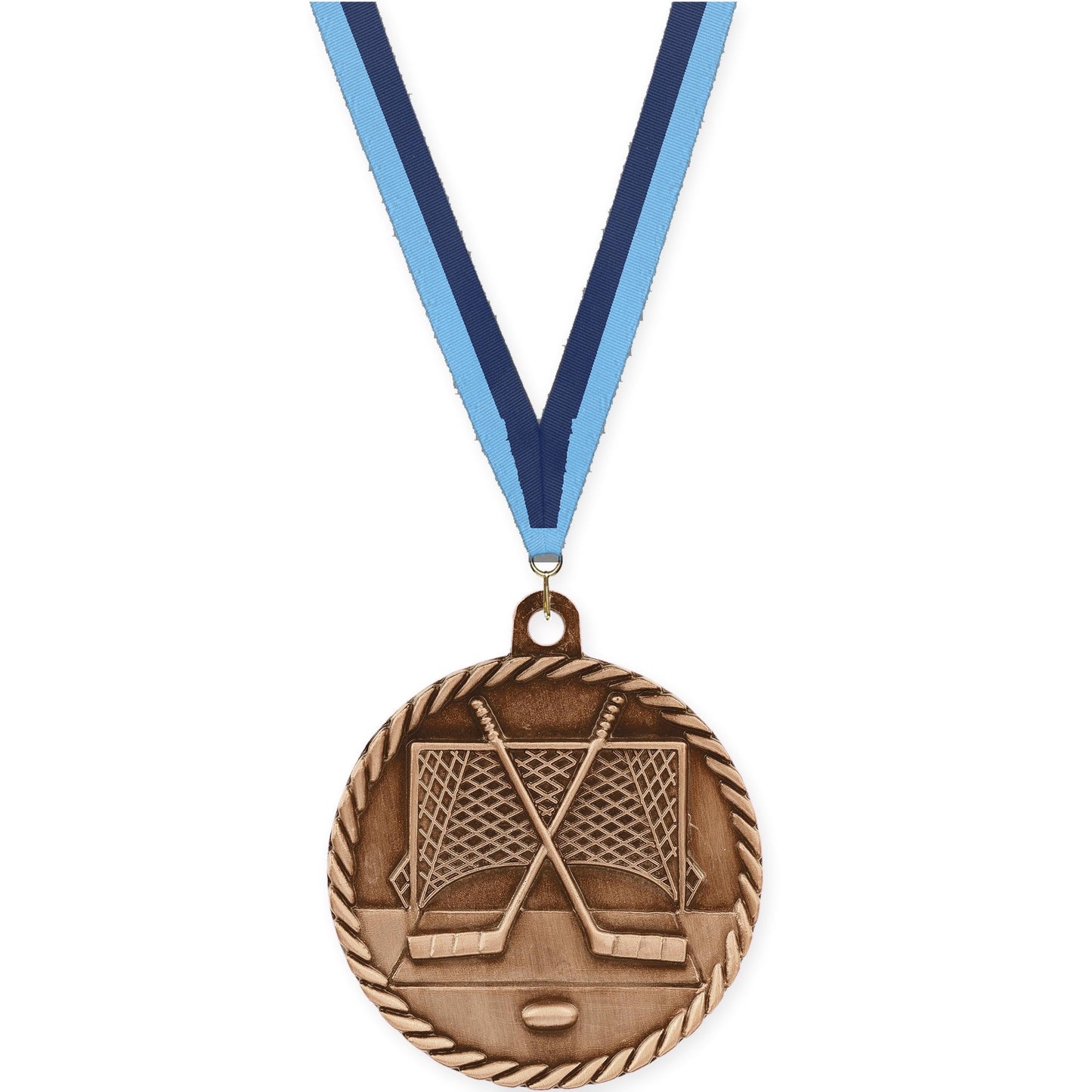 2 inch hockey High Relief medal in antique bronze with Light Blue Navy neck ribbon