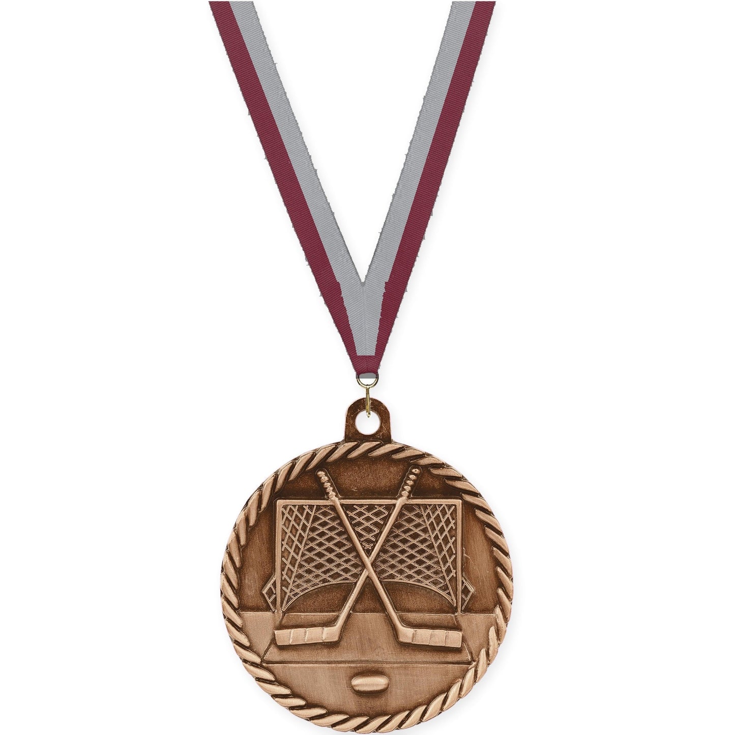2 inch hockey High Relief medal in antique bronze with Maroon Gray neck ribbon