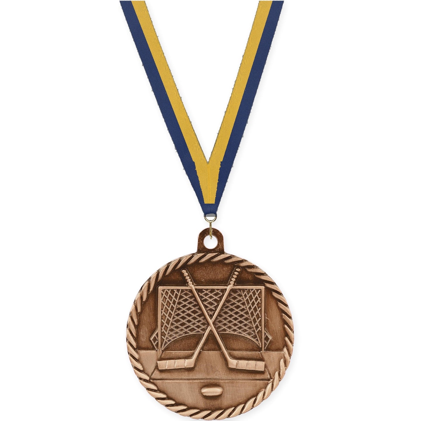 2 inch hockey High Relief medal in antique bronze with Navy Gold neck ribbon