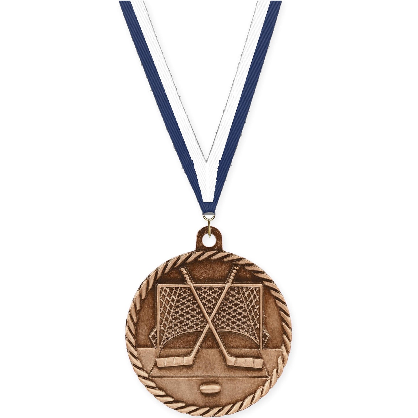 2 inch hockey High Relief medal in antique bronze with Navy White neck ribbon