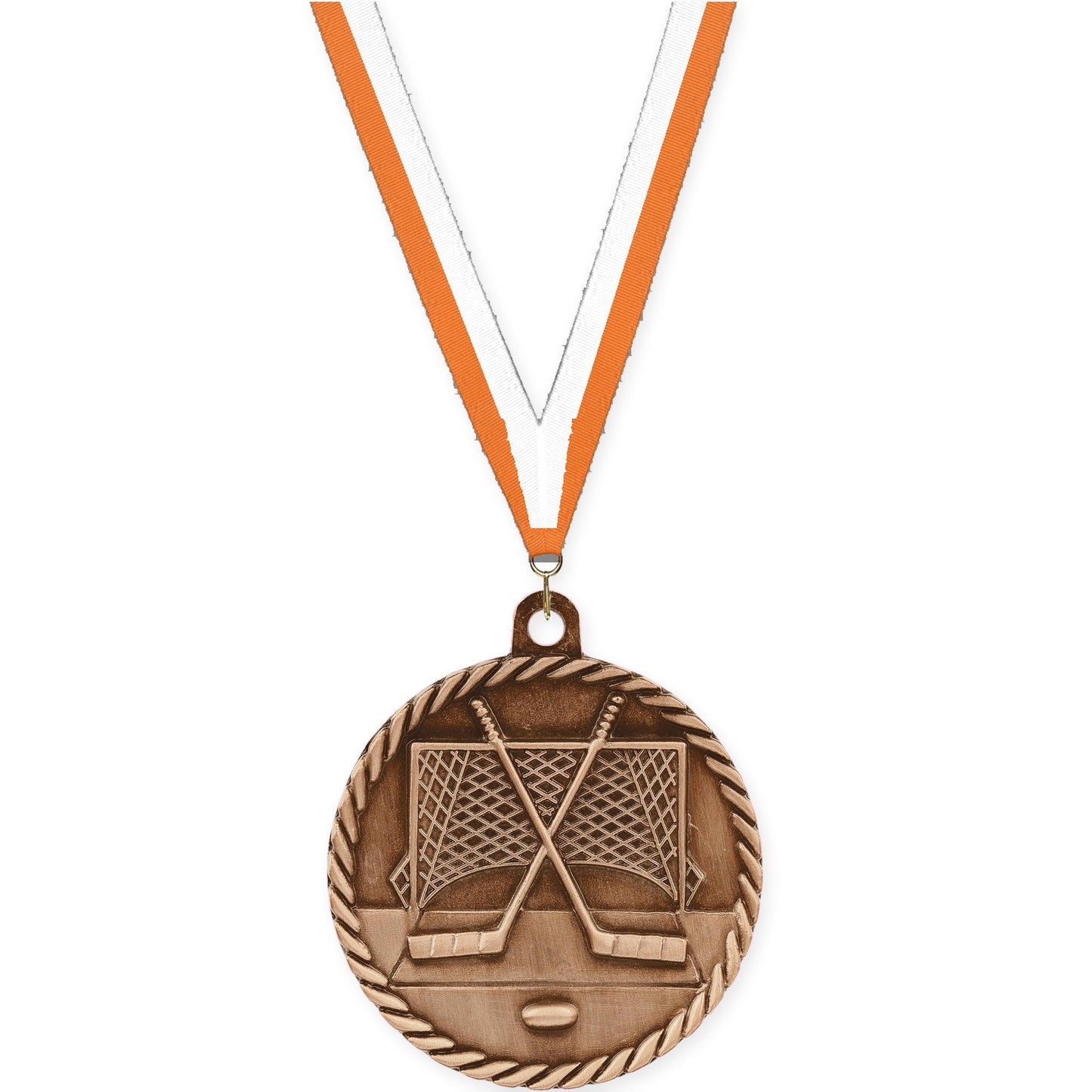 2 inch hockey High Relief medal in antique bronze with Orange White neck ribbon