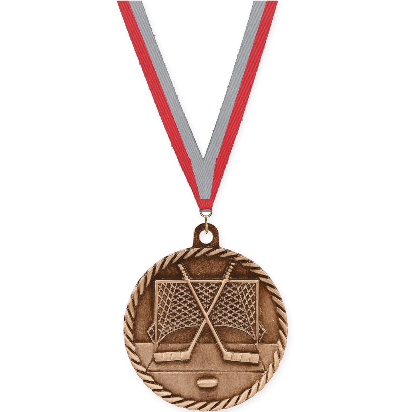 2 inch hockey High Relief medal in antique bronze with Red Gray neck ribbon