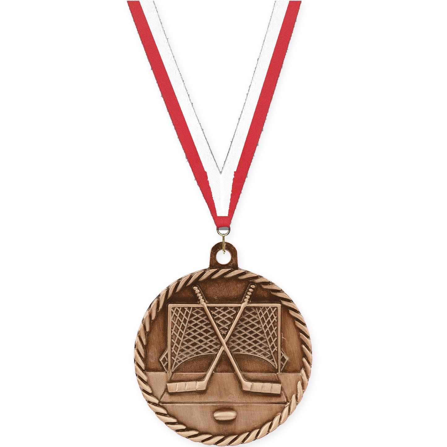2 inch hockey High Relief medal in antique bronze with Red White neck ribbon