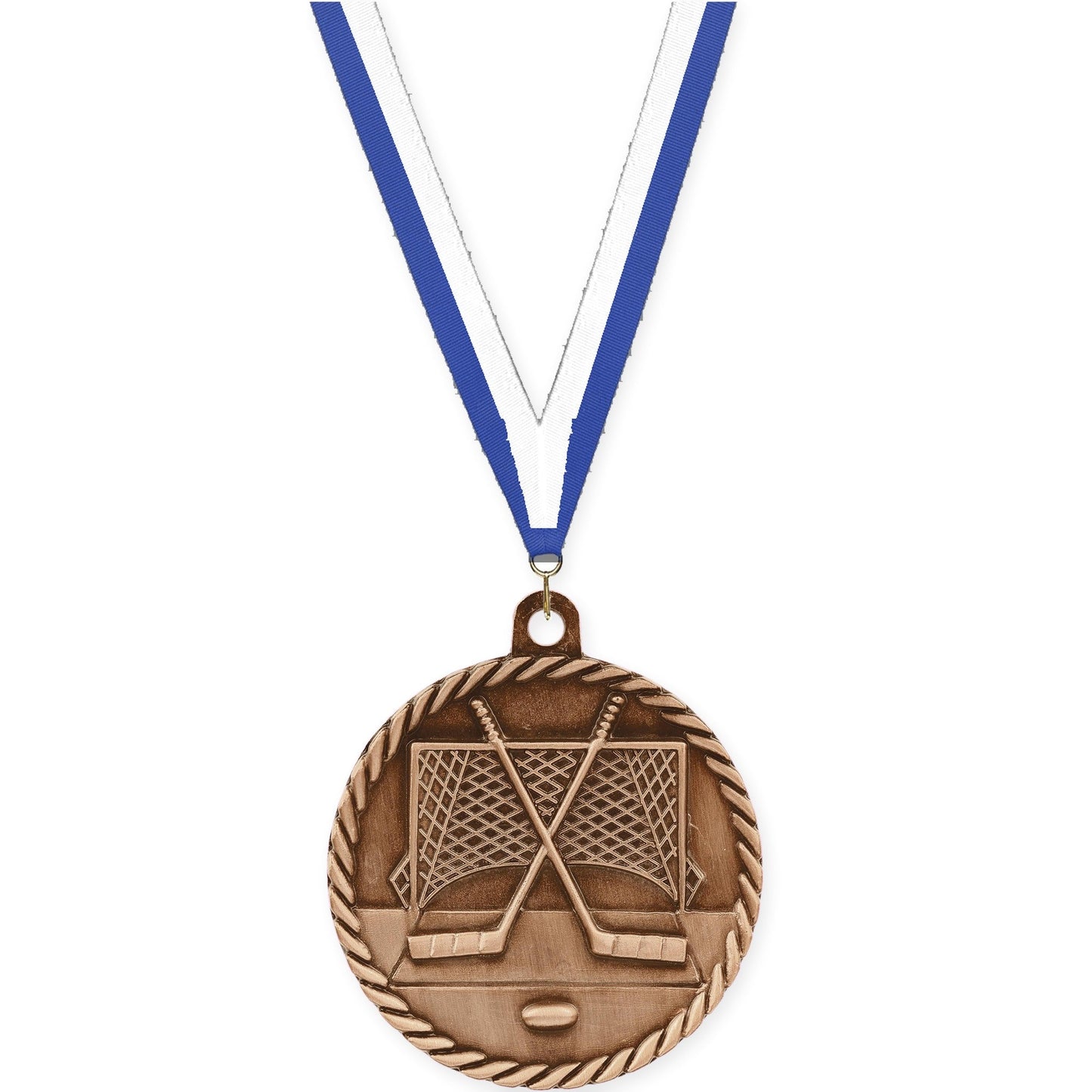2 inch hockey High Relief medal in antique bronze with Blue White neck ribbon