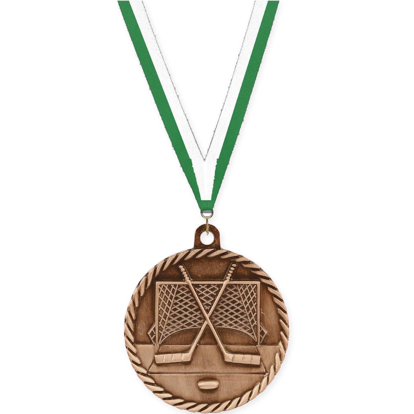 2 inch hockey High Relief medal in antique bronze with Green White neck ribbon