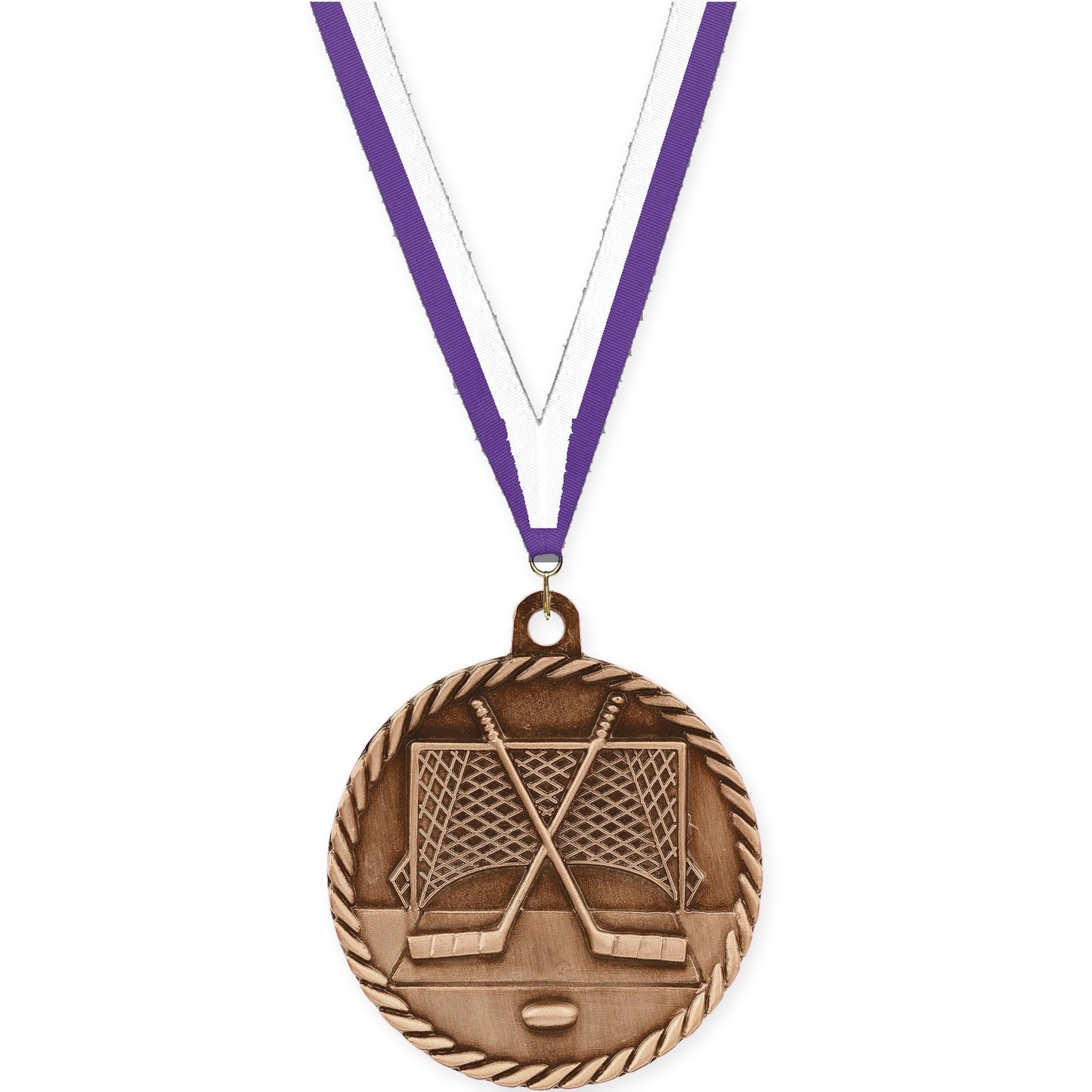 2 inch hockey High Relief medal in antique bronze with Purple White neck ribbon