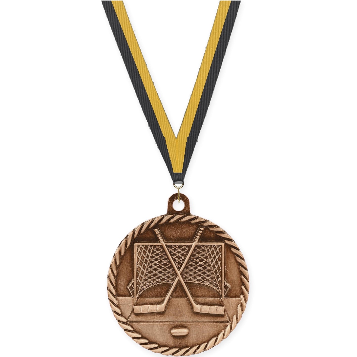 2 inch hockey High Relief medal in antique bronze with Black Gold neck ribbon