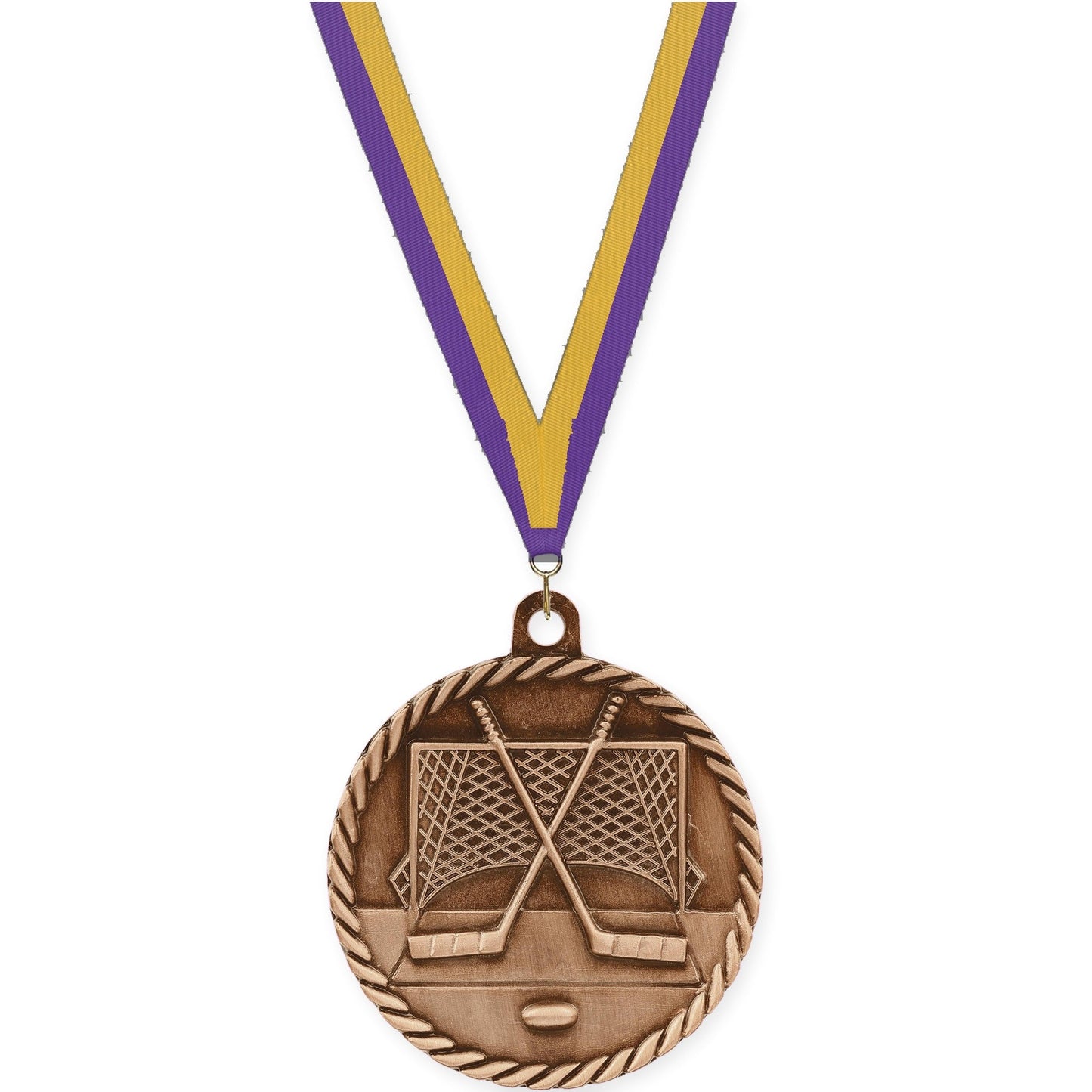 2 inch hockey High Relief medal in antique bronze with Purple Gold neck ribbon