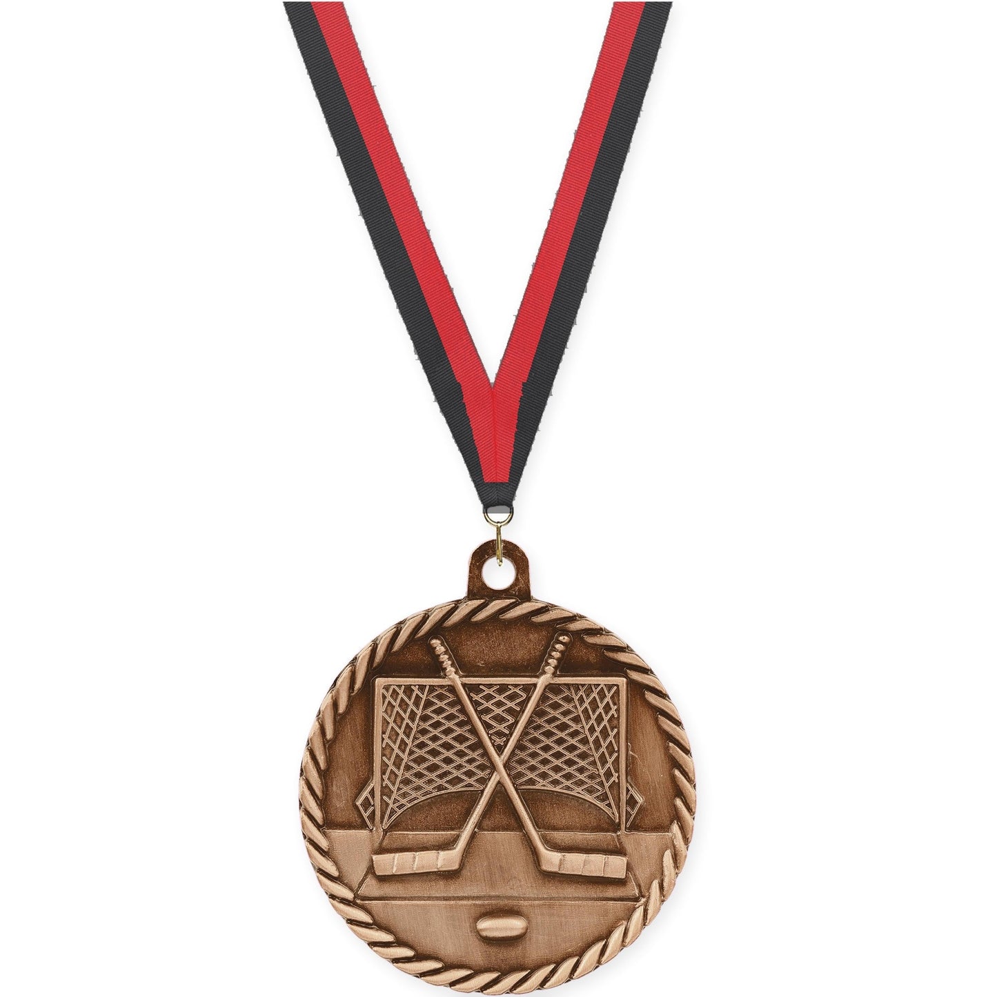 2 inch hockey High Relief medal in antique bronze with Black Red neck ribbon
