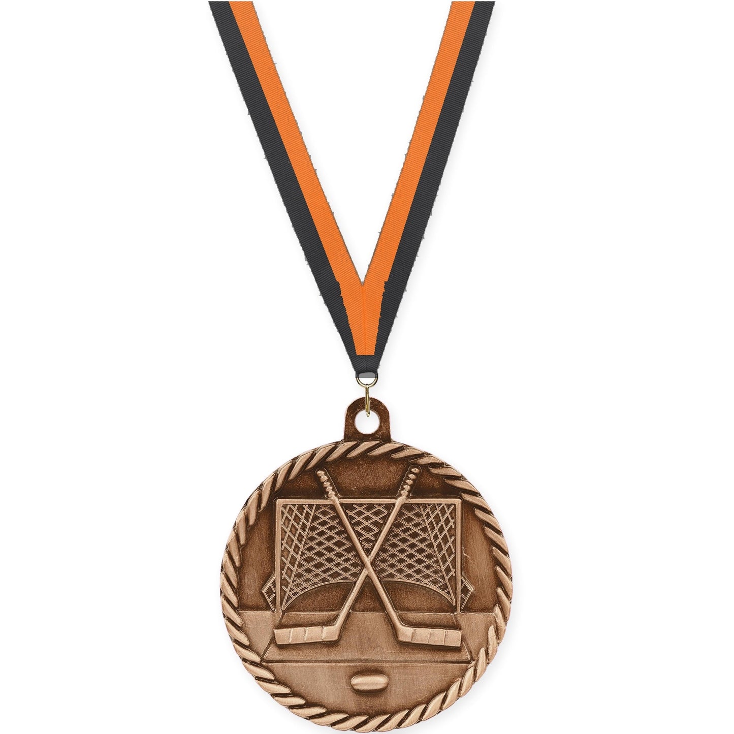 2 inch hockey High Relief medal in antique bronze with Black Orange neck ribbon