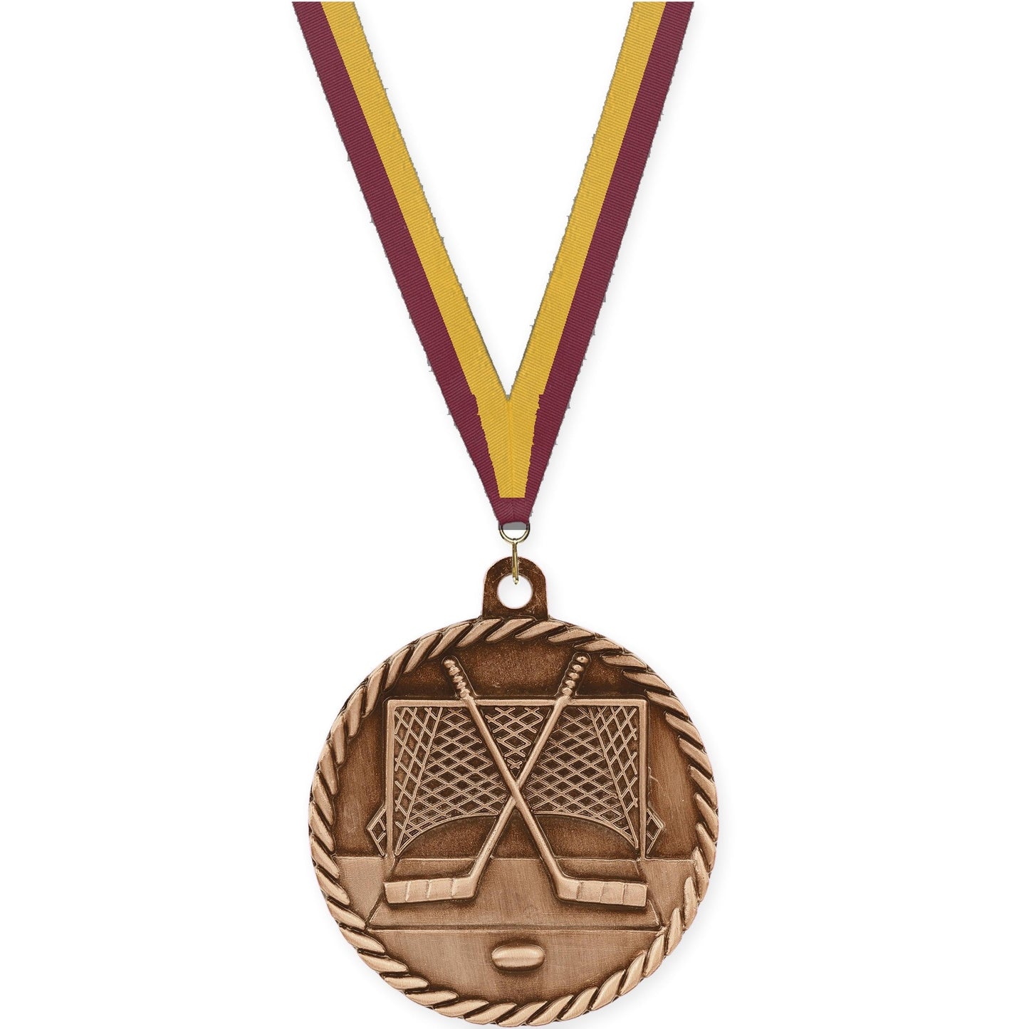 2 inch hockey High Relief medal in antique bronze with Maroon Gold neck ribbon