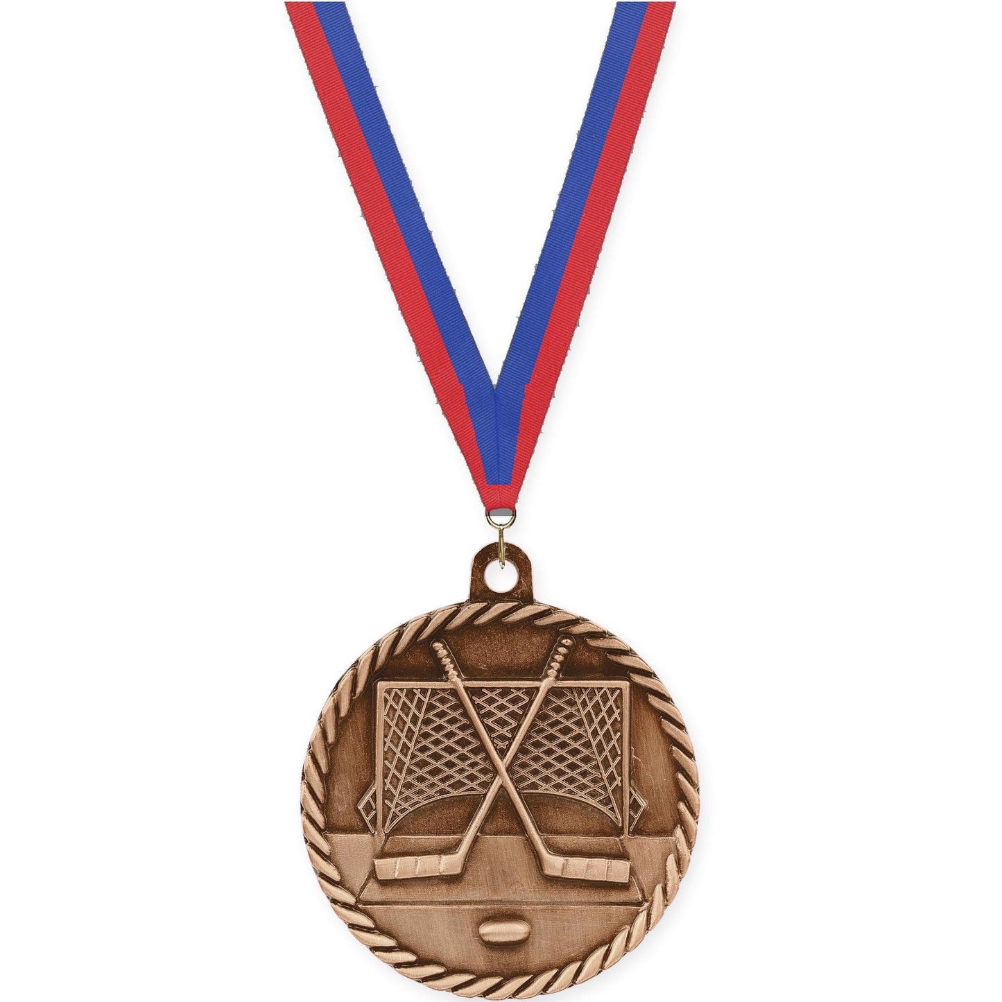 2 inch hockey High Relief medal in antique bronze with Blue Red neck ribbon