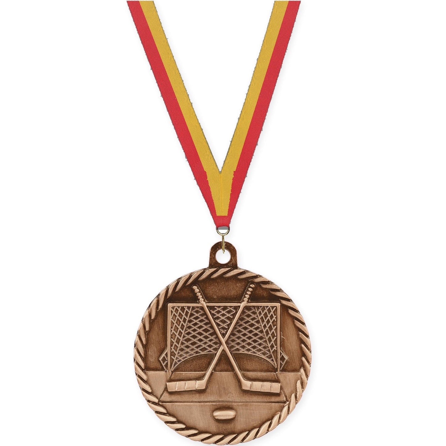 2 inch hockey High Relief medal in antique bronze with Red Gold neck ribbon