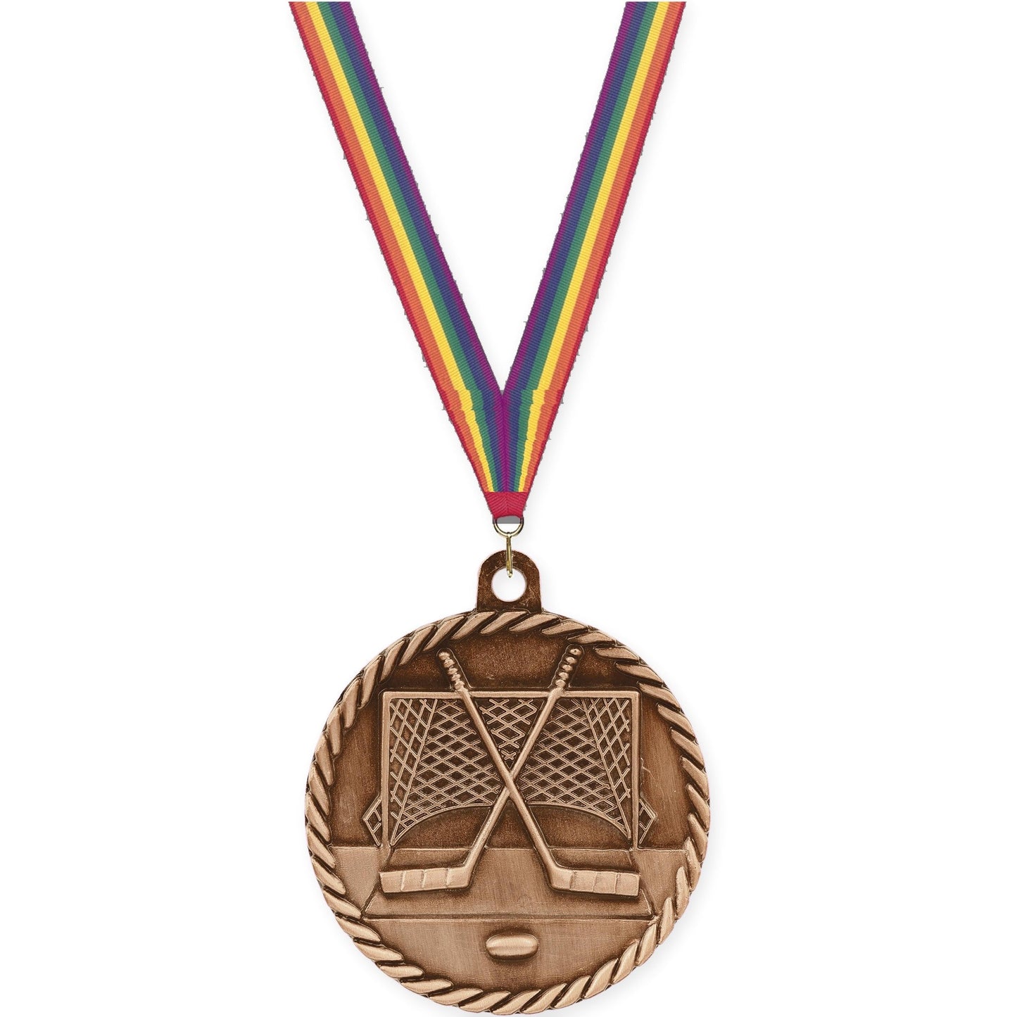2 inch hockey High Relief medal in antique bronze with Rainbow neck ribbon