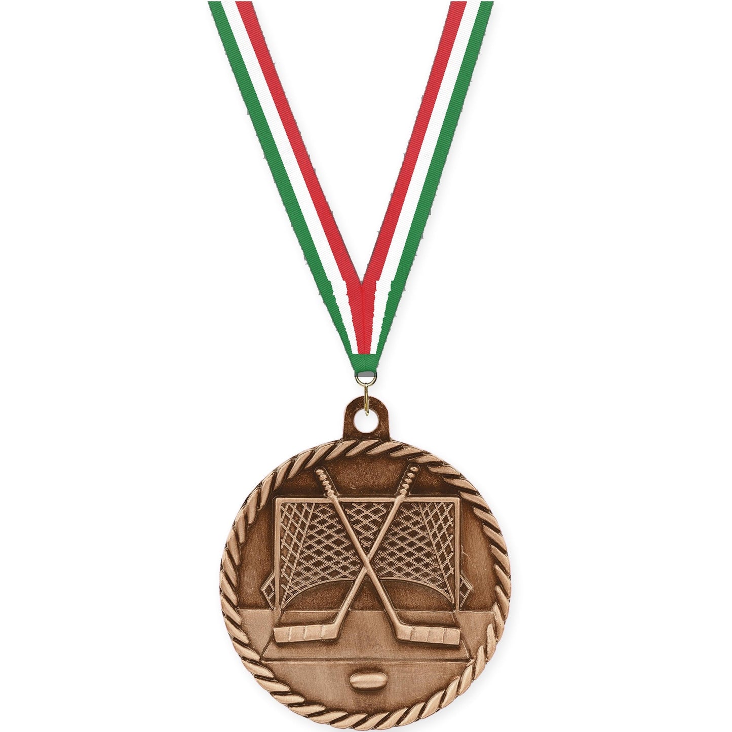 2 inch hockey High Relief medal in antique bronze with Green White Red neck ribbon