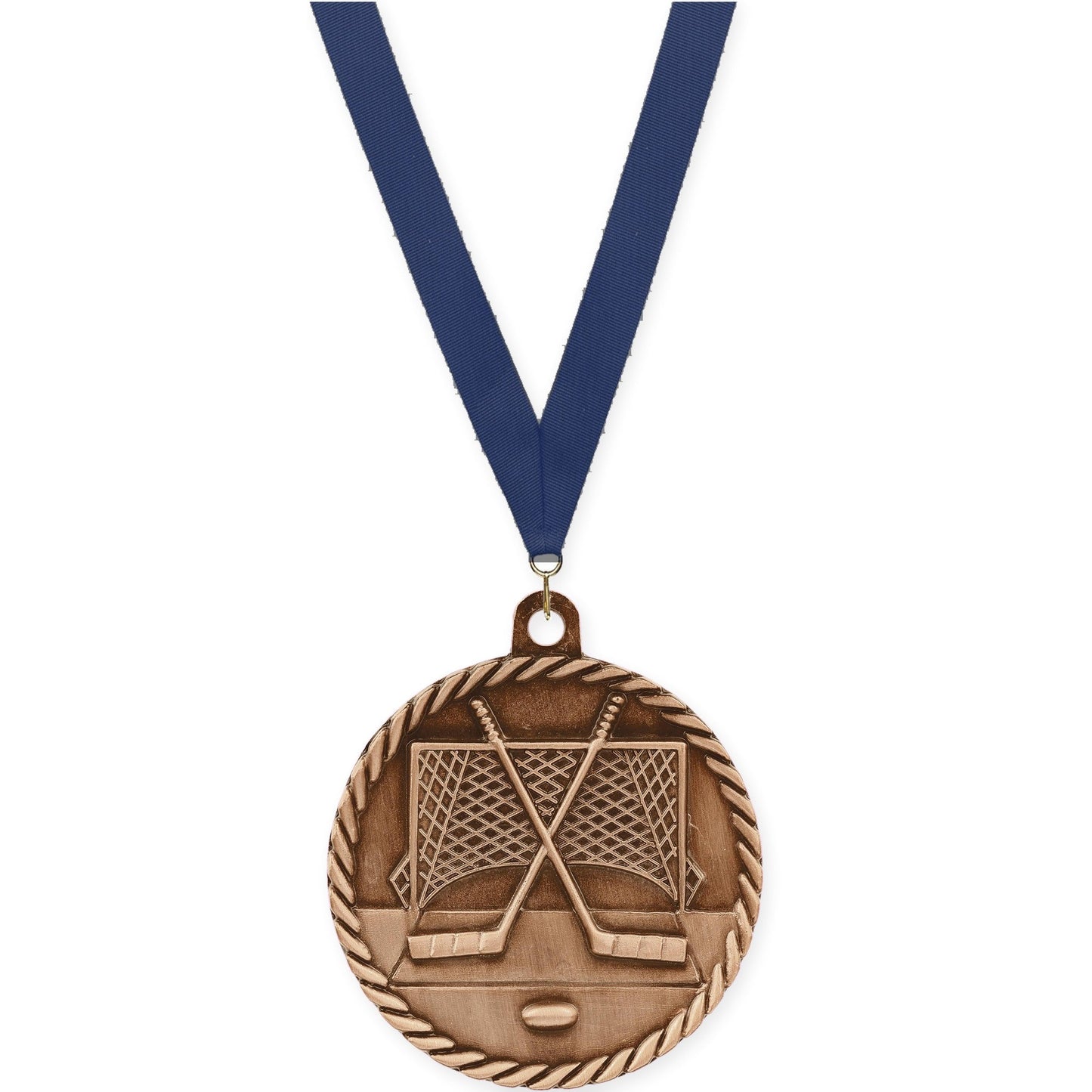 2 inch hockey High Relief medal in antique bronze with Navy neck ribbon