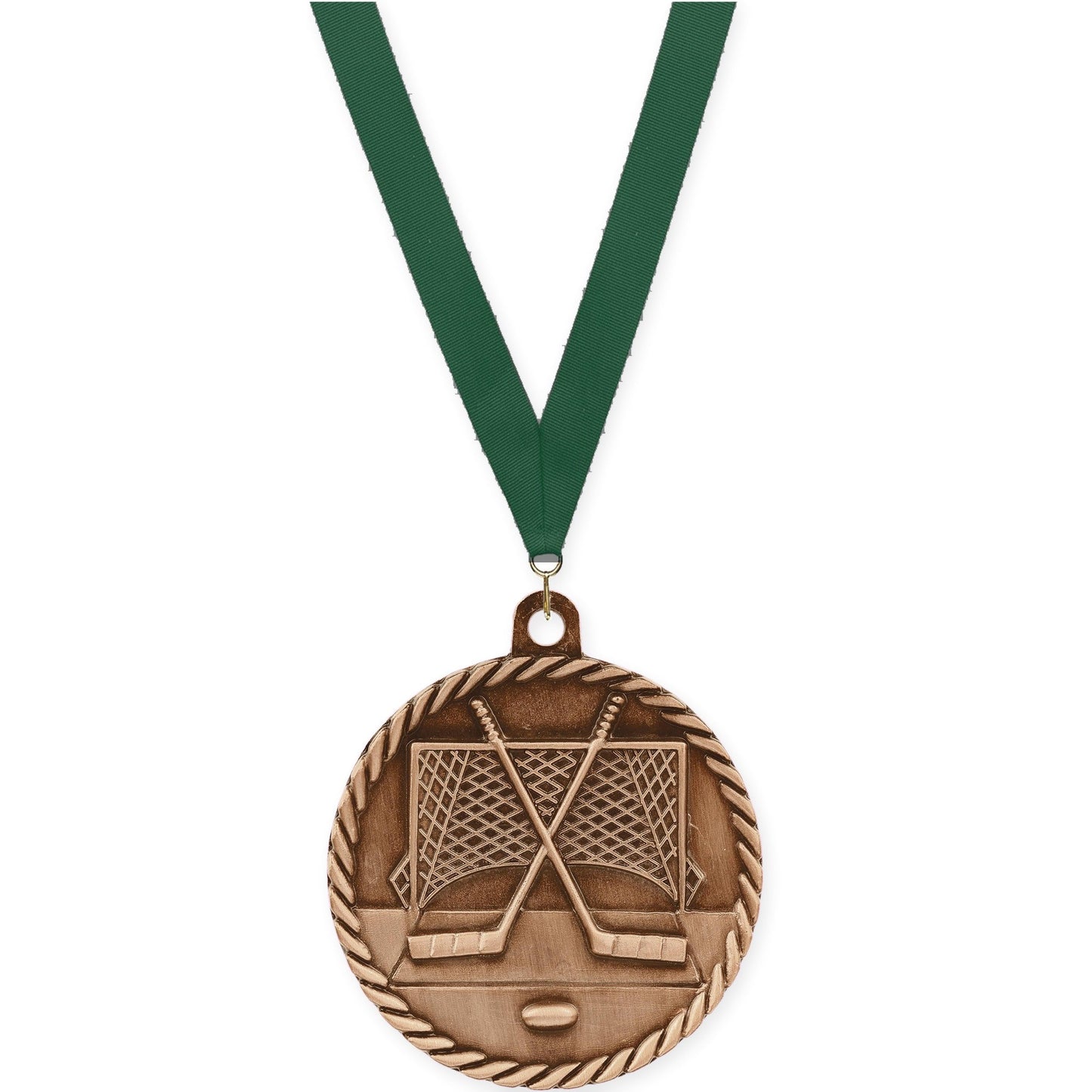 2 inch hockey High Relief medal in antique bronze with Hunter Green neck ribbon