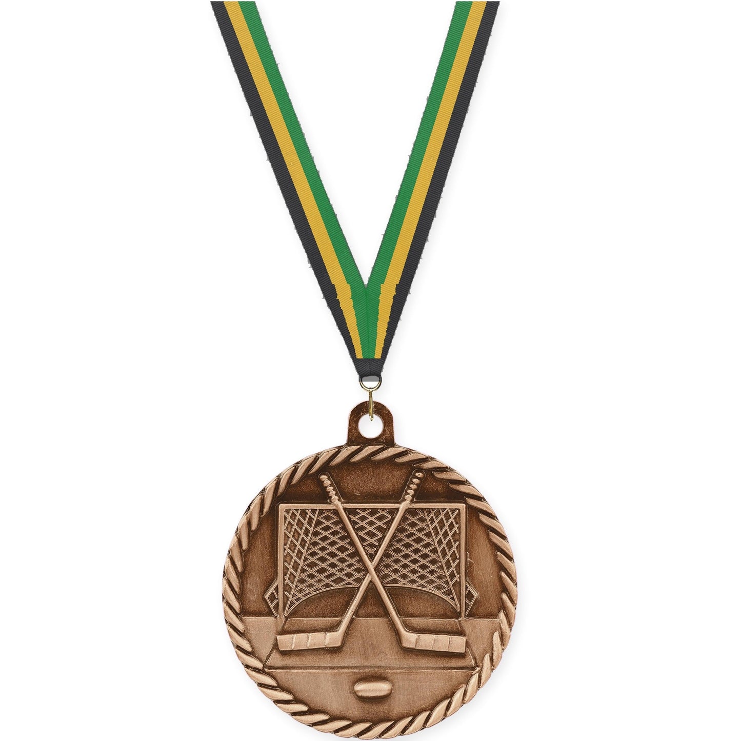 2 inch hockey High Relief medal in antique bronze with Black Gold Green neck ribbon
