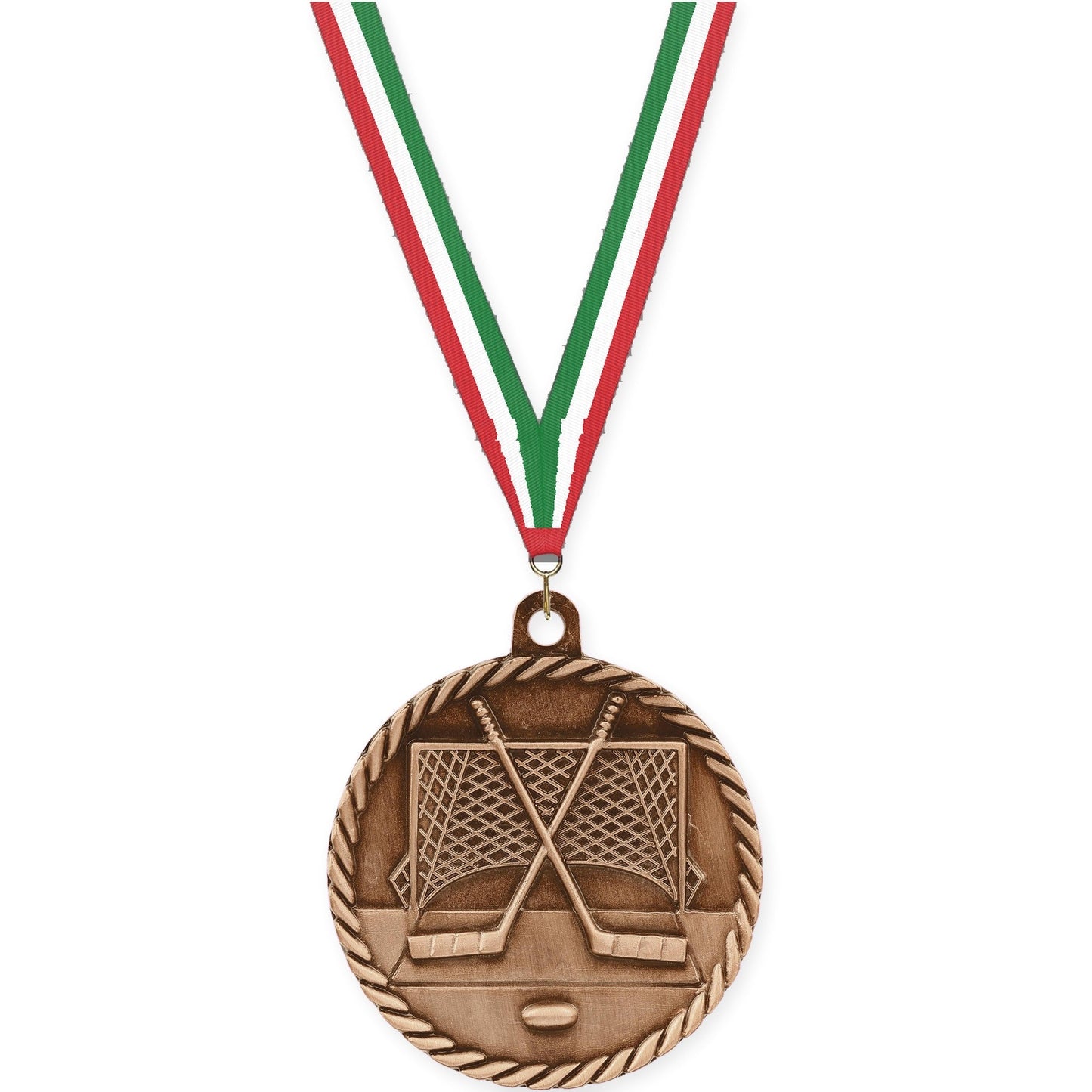 2 inch hockey High Relief medal in antique bronze with Red White Green neck ribbon