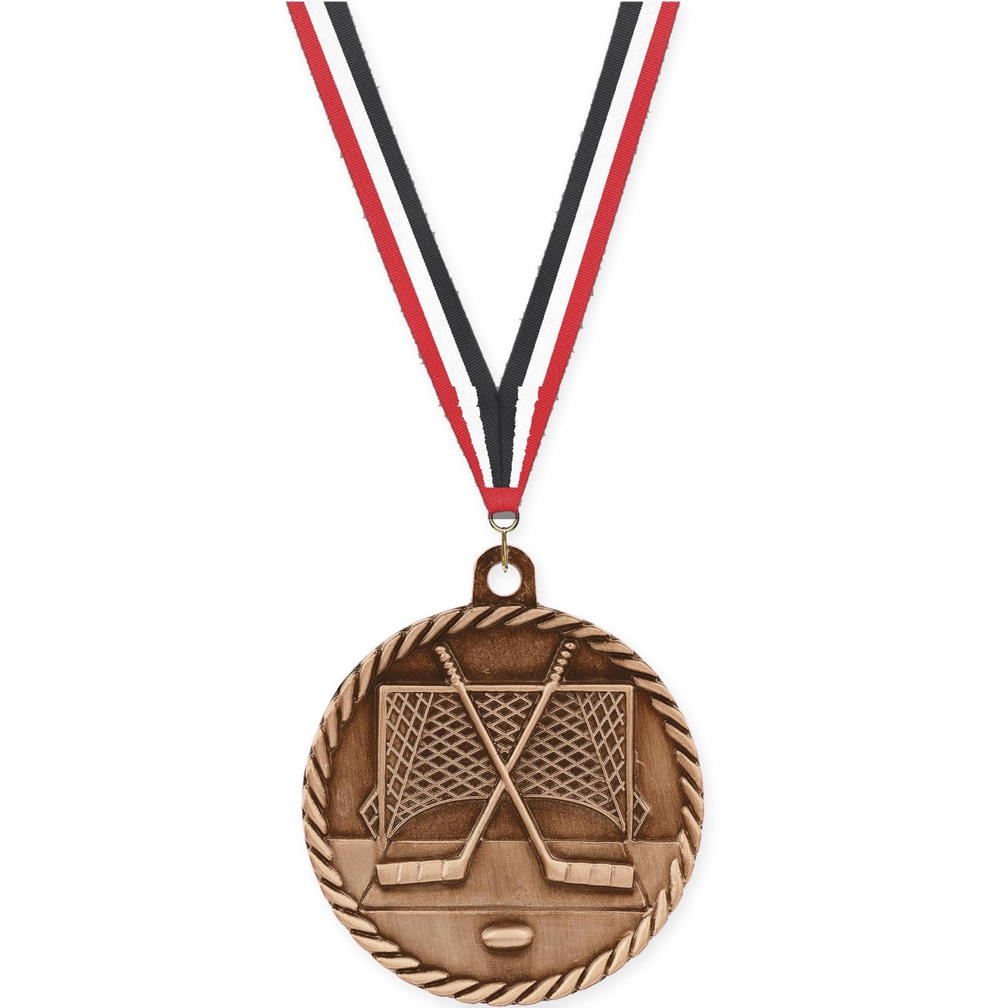 2 inch hockey High Relief medal in antique bronze with Red White Black neck ribbon