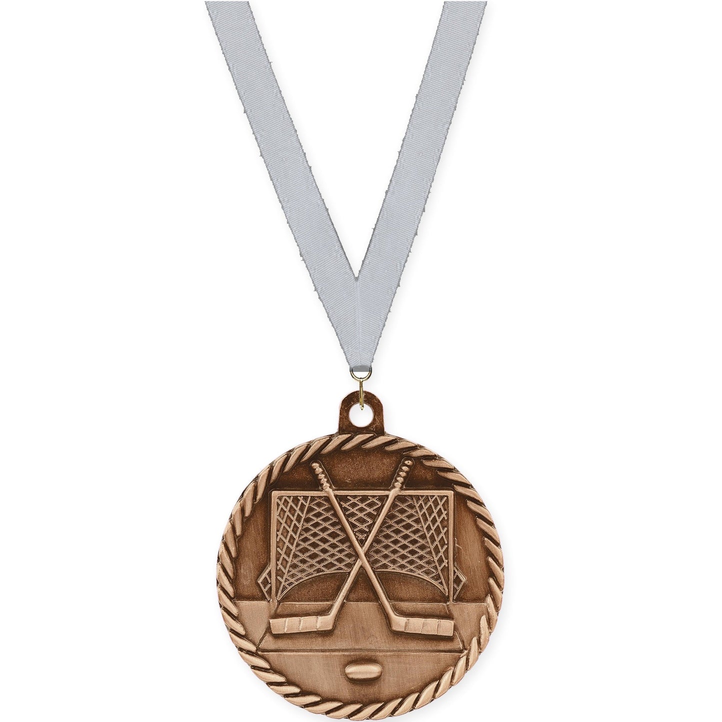 2 inch hockey High Relief medal in antique bronze with Silver Metallic neck ribbon