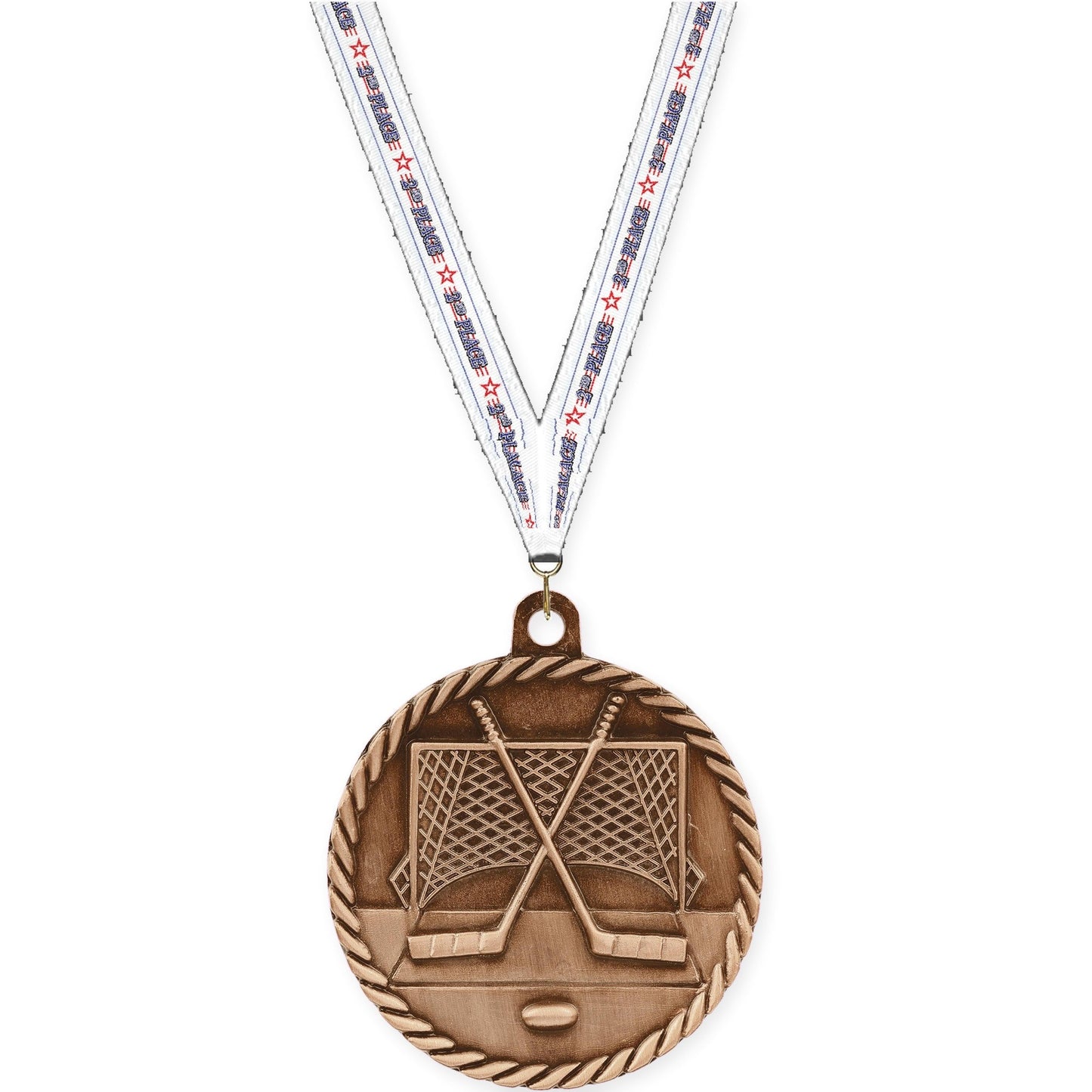 2 inch hockey High Relief medal in antique bronze with 2nd Place neck ribbon