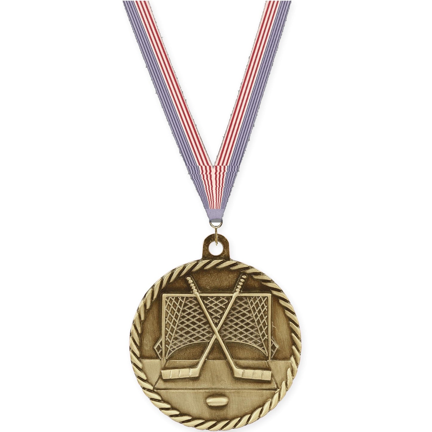 2 inch hockey High Relief medal in antique gold with USA Flag neck ribbon