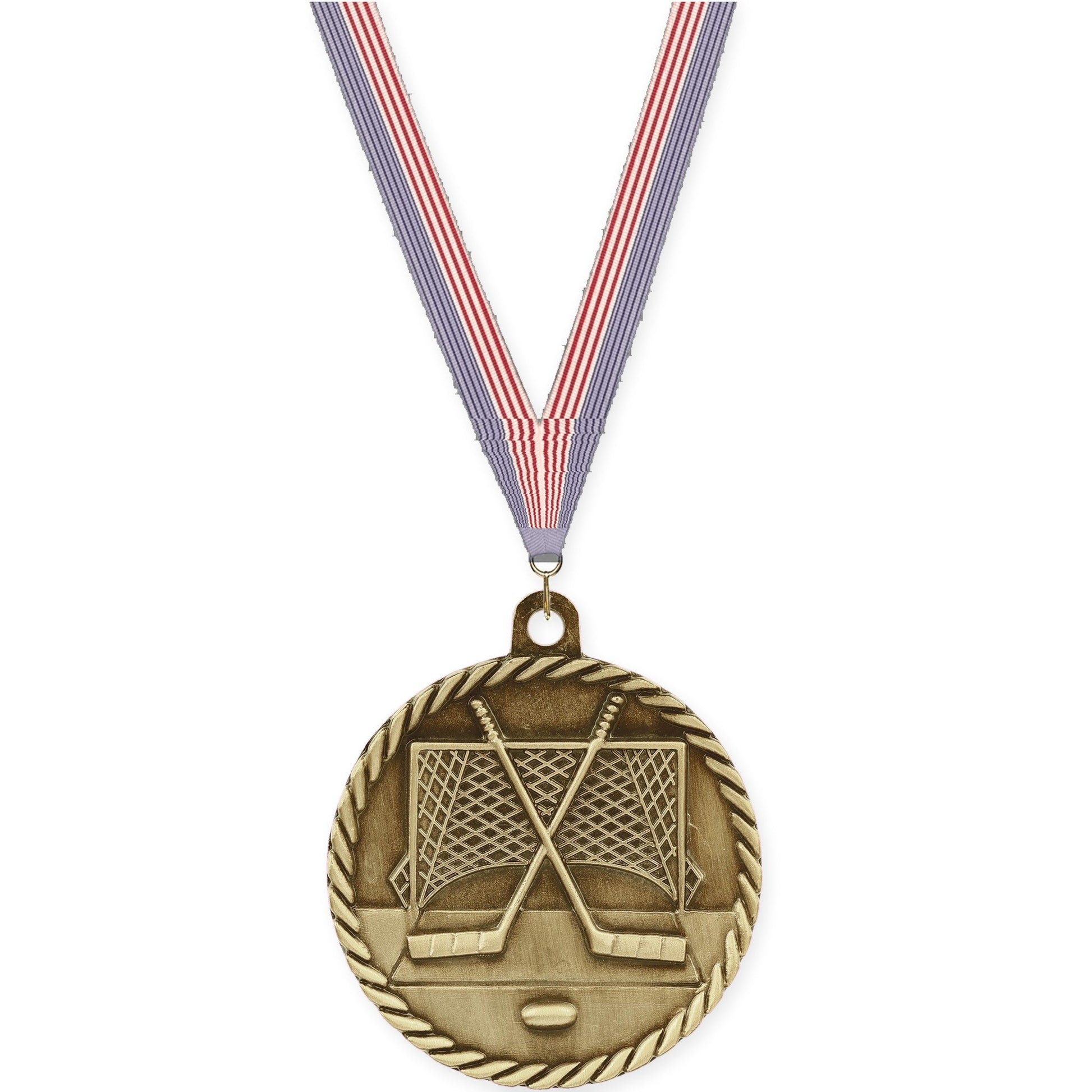 2 inch hockey High Relief medal in antique gold with USA Flag neck ribbon