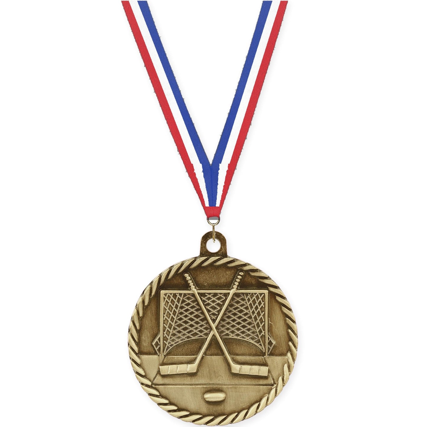 2 inch hockey High Relief medal in antique gold with Red White Blue neck ribbon