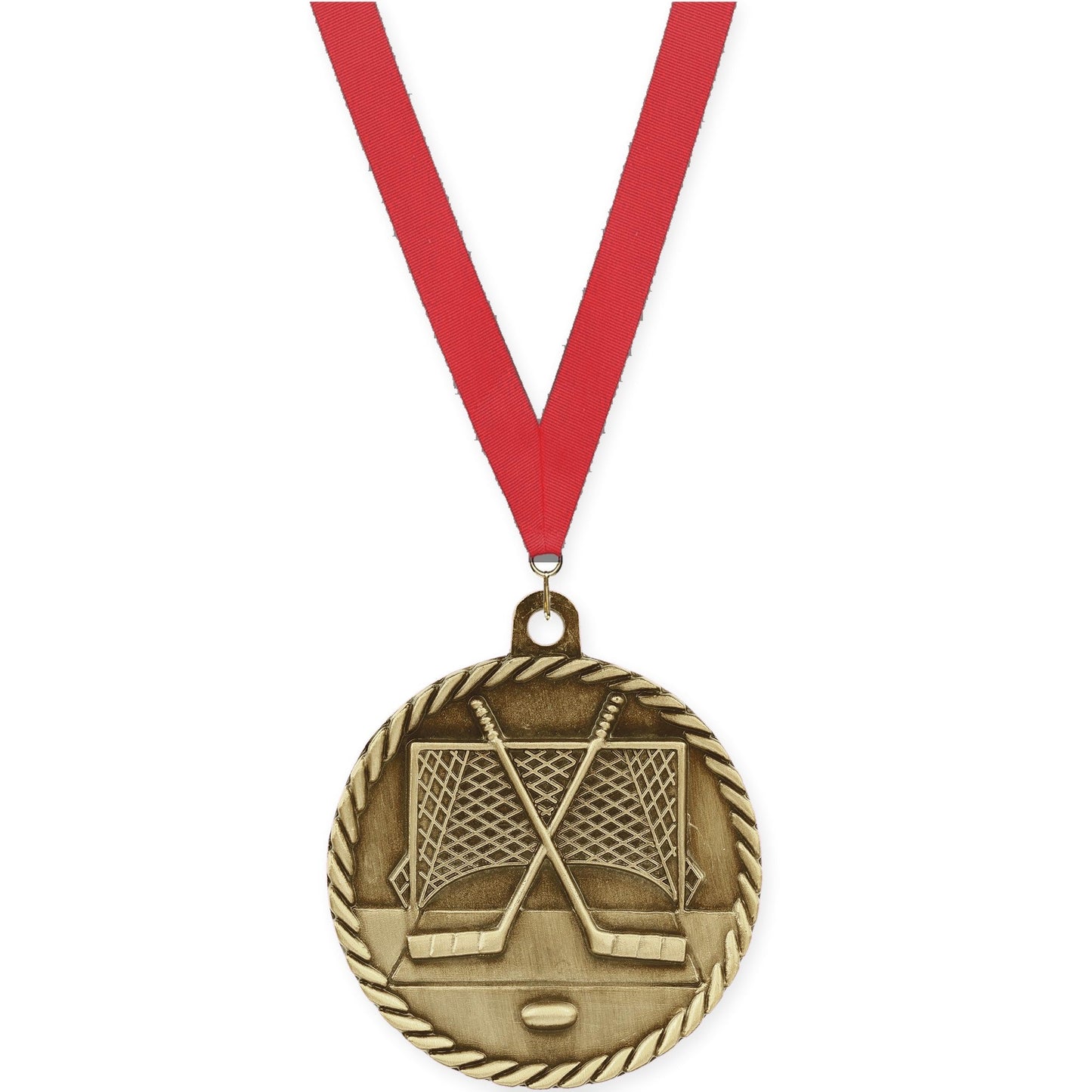 2 inch hockey High Relief medal in antique gold with Red neck ribbon