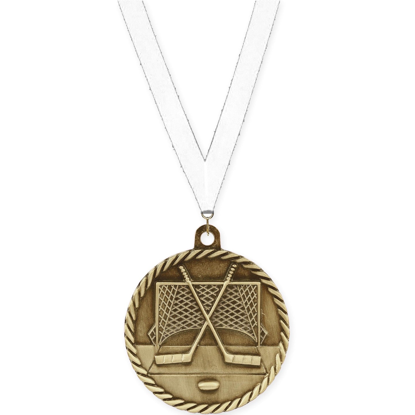 2 inch hockey High Relief medal in antique gold with White neck ribbon